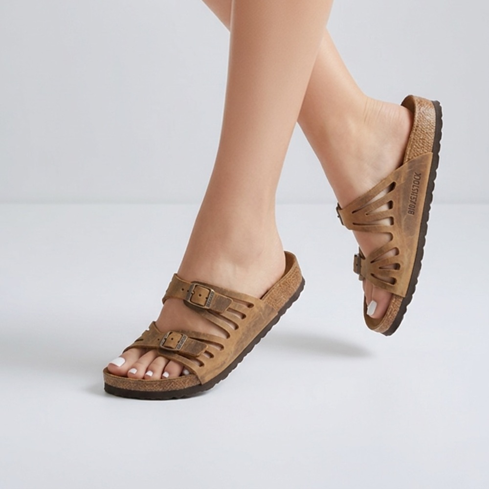 Birkenstock Women's Tan Leather Double-Buckle Slide Sandals